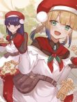  apron baker_nemo_(fate) baumkuchen belt christmas_tree cookie cosplay fate/grand_order fate_(series) food gradient_hair green_eyes hat long_hair martha_(fate) martha_(santa)_(fate) martha_(santa)_(fate)_(cosplay) matching_outfit mittens multicolored_hair nemo_(fate) purple_eyes purple_hair romanjyuu santa_hat smile twintails 