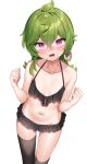  1girl bikini black_bikini black_thighhighs blush breasts collarbone collei_(genshin_impact) frilled_bikini frills genshin_impact green_hair highres k_mugura medium_hair navel open_mouth simple_background small_breasts solo swimsuit thighhighs white_background 