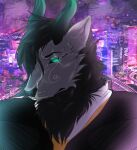  anthro black_sclera clothed clothing fur hair hi_res horn looking_at_viewer lycafel male mane sagelock_grim solo suit_and_tie unknown_artist 