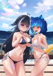  2girls absurdres ahoge animal_ears bao_(vtuber) bikini black_bikini black_hair blue_hair blue_sky body_markings breasts cleavage cloud criss-cross_halter english_commentary fang fu_xi_(su_uimi) halterneck heart heart-shaped_pupils heart_ahoge highres indie_virtual_youtuber large_breasts long_hair looking_at_another looking_at_viewer medium_hair multicolored_hair multiple_girls navel open_mouth orca_girl purple_eyes red_eyes shylily side-tie_bikini_bottom sky streaked_hair swimsuit symbol-shaped_pupils virtual_youtuber water whale_girl white_bikini white_hair 