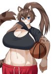  2022 akamu_ver20 anthro athletic athletic_anthro athletic_female ball basketball_(ball) big_breasts blue_eyes blush bottomwear bra breasts cleavage clothed clothing clothing_lift digital_media_(artwork) felid female female_anthro fur hair hi_res huge_breasts kemono mammal midriff multicolored_body multicolored_fur navel pantherine ponytail shirt shirt_lift shorts snow_leopard solo sports_bra t-shirt topwear underwear 