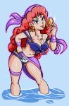  absurdres bikini blue_eyeshadow captain_syrup coin collar curly_hair earrings eyeshadow hand_on_hip highres jewelry lipstick long_hair makeup nintendo red_eyes red_hair red_lips summer swimsuit twistythetiny wario_land water wavy_hair 