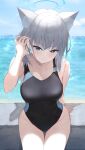  1girl adjusting_hair animal_ear_fluff animal_ears arm_support bangs bare_arms bare_shoulders beach black_one-piece_swimsuit blue_archive blue_eyes blue_one-piece_swimsuit blurry blurry_background blush breasts cat_ears closed_mouth collarbone competition_swimsuit cross_hair_ornament day ear_piercing extra_ears grey_hair hair_ornament halo highleg highleg_swimsuit highres horizon large_breasts looking_at_viewer maosame medium_hair mismatched_pupils multicolored_clothes multicolored_swimsuit ocean official_alternate_costume one-piece_swimsuit outdoors piercing revision shadow shiroko_(blue_archive) shiroko_(swimsuit)_(blue_archive) sitting solo swimsuit thighs two-tone_swimsuit water 