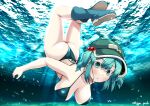  1girl air_bubble artist_name ass bikini blue_bikini blue_bra blue_footwear blue_hair blue_panties bra breasts bubble green_eyes green_headwear hair_ornament highres kagiyama_shachou kawashiro_nitori open_mouth panties solo swimming swimsuit touhou underwater underwear 