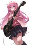  1girl absurdres black_skirt black_socks blurry blurry_background bocchi_the_rock! closed_mouth cube_hair_ornament electric_guitar gotou_hitori guitar hair_between_eyes hair_ornament highres holding holding_instrument instrument jacket leg_up long_hair long_sleeves looking_at_viewer pink_hair pink_jacket pleated_skirt poise shiny shiny_hair sidelocks simple_background skirt socks solo standing thighs track_jacket white_background 