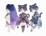 3boys animal animal_ear_fluff animal_ears arm_armor bangs barefoot belt bird black_belt black_bow black_eyes black_footwear black_hair black_shirt black_shorts black_vest blue_belt blue_eyes blue_gemstone blue_shorts blue_vest blunt_ends blush bow cat_ears cat_tail chibi closed_mouth detached_sleeves from_side full_body gem genshin_impact gold grey_fur grey_socks grey_vest hair_between_eyes half-closed_eye hand_on_hip hand_up highres jewelry leaf leg_up long_sleeves looking_at_another looking_at_viewer looking_down looking_up male_focus mandarin_collar mitsudomoe_(shape) multiple_boys multiple_persona necklace no_headwear no_mouth official_alternate_costume open_clothes open_mouth open_vest orange_fur pom_pom_(clothes) purple_belt purple_eyes purple_shirt purple_socks red_bow sandals scaramouche_(genshin_impact) scaramouche_(kabukimono)_(genshin_impact) shirt short_hair short_sleeves shorts simple_background sitting sitting_on_person sleeveless sleeveless_shirt smile smug socks standing standing_on_one_leg tail toketeruegg3 tomoe_(symbol) tongue two-tone_fur two-tone_vest v-shaped_eyebrows veil vest vision_(genshin_impact) wanderer_(genshin_impact) white_background white_vest wide_sleeves wings 