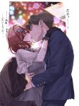  1boy 1girl black_gloves blurry blush bokeh breasts brown_hair capelet depth_of_field dress faceless faceless_male formal french_kiss gloves grey_capelet grey_dress half-closed_eyes hamedoragon hand_on_another&#039;s_hip hand_on_another&#039;s_waist hetero higuchi_madoka idolmaster idolmaster_shiny_colors jacket jacket_removed kiss medium_breasts producer_(idolmaster) suit translation_request 