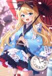  1girl blonde_hair blue_dress blue_kimono blush breasts card cat character_request check_character cherry_blossoms clock dress floral_print flower garter_straps green_eyes hair_ornament hair_ribbon haruyuki_14 highres holding holding_umbrella japanese_clothes kimono large_breasts long_hair long_sleeves looking_at_viewer mononobe_alice nijisanji oil-paper_umbrella open_mouth outdoors ribbon rose skirt smile thighhighs umbrella virtual_youtuber wide_sleeves zettai_ryouiki 
