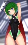 1girl arms_behind_head bangs black_cape black_one-piece_swimsuit blurry blurry_background breasts cape competition_swimsuit cowboy_shot daichi_(tokoya) gradient_hair green_eyes green_hair highres multicolored_clothes multicolored_hair multicolored_swimsuit one-piece_swimsuit rei_no_pool short_hair small_breasts smile solo swept_bangs swimsuit touhou wriggle_nightbug 