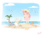  1boy 1girl anger_vein angry artist_request bangs beach bird blush branch brown_eyes cat chinese_commentary clear_sky cloud commentary_request crab dress holding holding_branch island jacket long_hair momo_(miracle_nikki) nikki_(miracle_nikki) ocean official_art outdoors pink_dress pink_hair seagull shining_nikki signature sky starfish tears yellow_cloak yellow_headwear yellow_jacket 