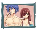  1boy 1girl bare_shoulders blue_hair blush breasts brown_eyes brushing_teeth cleavage couple cup embarrassed erza_scarlet fairy_tail hair_between_eyes hair_over_one_eye hetero holding holding_cup holding_toothbrush jellal_fernandes long_hair mashima_hiro messy_hair nude pink_background red_hair shiny shiny_skin short_hair spiked_hair sweat teeth toothbrush toothbrush_in_mouth topless topless_male 