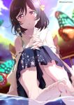  1girl bangs barefoot black_hair blush bug butterfly detached_sleeves floral_print hair_ribbon kitahara_tomoe_(kitahara_koubou) looking_at_viewer love_live! love_live!_nijigasaki_high_school_idol_club mifune_shioriko nail_polish open_mouth outdoors red_eyes ribbon shirt short_hair skirt toenail_polish toenails toes 