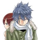  1boy 1girl back-to-back blue_eyes blue_hair blush coat couple erza_scarlet facial_mark fairy_tail frown fur-trimmed_coat fur_trim green_coat hair_between_eyes hetero jellal_fernandes mashima_hiro pout red_hair scarf short_hair simple_background spiked_hair tattoo upper_body white_background white_scarf winter_clothes winter_coat 