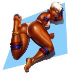  1girl absurdres anklet armlet ass bangle bikini blue_background blue_eyes blue_nails border bracelet breasts brown_lips calflet d2kmax dark-skinned_female dark_skin elena_(street_fighter) english_commentary full_body highres jewelry looking_at_viewer lying medium_breasts nail_polish neck_ring nose on_stomach shiny shiny_skin short_hair shoulder_blades sideboob soles solo street_fighter street_fighter_iii_(series) swimsuit thick_thighs thighs toenail_polish toenails toes toned turning_head very_dark_skin very_short_hair white_bikini white_border white_hair 