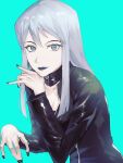  1girl blue_eyes blue_hair breasts closed_mouth collar collarbone devil_summoner lipstick long_hair looking_at_viewer makeup nail_polish nemissa np_smt pale_skin simple_background smile solo soul_hackers 