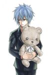  1boy blue_hair facial_mark fairy_tail formal hair_between_eyes holding holding_stuffed_toy jellal_fernandes long_sleeves looking_away male_focus mashima_hiro simple_background solo spiked_hair stuffed_animal stuffed_toy suit tattoo teddy_bear white_background 