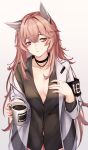  1girl 3_small_spiders absurdres animal_ears bangs black_choker black_shirt blush breasts choker closed_mouth coffee_cup collarbone commentary cup disposable_cup girls&#039;_frontline girls&#039;_frontline_neural_cloud hand_on_own_chest highres holding holding_cup lips long_hair long_sleeves looking_at_viewer medium_breasts open_clothes open_robe persica_(girls&#039;_frontline) pink_hair red_eyes robe shirt solo standing upper_body white_background white_robe 