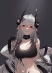  arknights bare_shoulders breasts demon_horns highres horns large_breasts light_smile looking_at_viewer mudrock_(arknights) resized sports_bra stomach tangyou_guozi_zzz upscaled white_hair 
