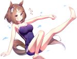  1girl absurdres animal_ears barefoot breasts brown_eyes brown_hair competition_school_swimsuit full_body grin hair_ornament highres horse_ears horse_girl horse_tail medium_breasts multicolored_hair school_swimsuit short_hair simple_background sitting smile solo streaked_hair swimsuit tail tracen_swimsuit tsurumaru_tsuyoshi_(umamusume) two-tone_hair umamusume white_background yamada_auto 
