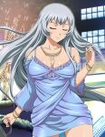  1girl bracelet breasts chouun_shiryuu cleavage closed_eyes clothing_cutout collarbone cowboy_shot dress facing_viewer floating_hair grey_dress grey_hair holding ikkitousen jewelry large_breasts long_hair necklace shiny shiny_hair shiny_skin short_dress shoulder_cutout solo standing straight_hair very_long_hair 