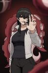  1girl black_hair black_shirt breasts chainsaw_man dark_background genderswap genderswap_(mtf) hand_up highres ink jacket k3nnyn3v large_breasts long_hair looking_at_viewer mole mole_under_mouth octopus_devil_(chainsaw_man) shirt smile solo tentacles white_jacket yoshida_hirofumi 