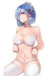  1girl absurdres bare_arms bare_shoulders blue_hair bra breasts cleavage closed_mouth collarbone cowboy_shot fps_xilou hair_ornament hair_over_one_eye hair_ribbon hairclip head_tilt highres invisible_chair large_breasts looking_at_viewer navel panties re:zero_kara_hajimeru_isekai_seikatsu red_ribbon rem_(re:zero) ribbon short_hair sitting solo thighhighs underwear white_background white_bra white_panties white_thighhighs 