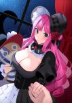  1girl black_dress black_hair breasts cleavage dress frilled_headwear holding_hands joman large_breasts long_hair looking_at_viewer one_piece perona pink_hair solo stuffed_toy 