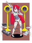  1girl android computer headgear highres instrument joints keyboard_(instrument) laptop long_hair original red_eyes red_hair robot robot_joints simple_background solo speaker sukabu v 