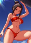  1girl ass_visible_through_thighs avatar_(series) azula bare_shoulders bikini black_hair breasts brown_eyes cleavage forehead from_below hair_bun halterneck kuroonehalf large_breasts looking_at_viewer navel parted_lips red_bikini short_hair_with_long_locks sidelocks solo swimsuit thick_thighs thighs tsurime underboob 