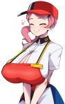  1girl alternate_breast_size apron bangs blush breasts cleavage closed_eyes collared_shirt gigantic_breasts hat highres joy_(pokemon) medium_hair niucniuc nurse poke_ball_symbol pokemon pokemon_(game) pokemon_sv shirt short_sleeves simple_background smile solo suspenders swept_bangs thick_eyebrows 