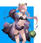  1girl animal_ears arknights armpits bangs bare_shoulders bikini black_bikini black_choker black_shorts choker coat commentary eugle_na eyewear_on_head food fruit hair_between_eyes highres lin_yuhsia_(arknights) long_hair looking_at_viewer mouse_ears navel off_shoulder open_clothes open_coat pink_hair purple_coat purple_eyes short_shorts shorts solo standing stomach sunglasses swimsuit thigh_strap thighs watermelon 