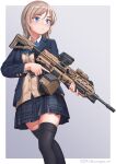  1girl absurdres artist_name bangs black_thighhighs blazer blonde_hair blue_bow blue_bowtie blue_eyes blue_jacket blue_skirt border bow bowtie breasts brown_cardigan cardigan expressionless fn_evolys general_purpose_machine_gun grey_background grey_skirt gun hair_between_eyes highres holding holding_gun holding_weapon jacket long_sleeves looking_away machine_gun medium_breasts medium_hair optical_sight original parted_lips plaid plaid_skirt pleated_skirt school_uniform shirt skirt solo thighhighs trigger_discipline twitter_username waruzamurai weapon white_border yellow_cardigan yellow_shirt 