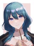  1girl bangs blue_eyes blue_hair blush byleth_(fire_emblem) byleth_(fire_emblem)_(female) detached_collar fire_emblem fire_emblem:_three_houses food highres holding holding_food holding_pocky lips looking_at_viewer pocky smile solo tomo_shirasu upper_body 