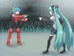  2girls aqua_eyes aqua_hair arm_armor armor bare_shoulders black_leotard black_skirt black_sleeves black_thighhighs blue_hair bow chest_armor commentary concert detached_sleeves digiral english_commentary full_body grey_shirt hair_bow hair_ornament hatsune_miku headphones high_heels high_ponytail leg_armor leotard long_hair medium_hair meme metal_fighter_miku miku_(metal_fighter_miku) miniskirt multiple_girls name_connection penlight pleated_skirt pointing pointing_at_another pointing_spider-man_(meme) ponytail shirt skirt sleeveless sleeveless_shirt stage standing thighhighs twintails very_long_hair vocaloid yellow_bow zettai_ryouiki 