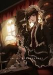  1girl artist_name bangs black_hair black_skirt black_thighhighs bonnet celestia_ludenberg couch criis-chan cup danganronpa:_trigger_happy_havoc danganronpa_(series) dress_shirt drill_hair earrings frilled_shirt frills gothic_lolita hair_ornament holding holding_cup indoors jacket jewelry lace-trimmed_skirt lace_trim lamp layered_skirt lolita_fashion long_hair long_sleeves looking_at_viewer nail_polish necktie open_clothes open_jacket print_necktie red_eyes red_necktie ribbon-trimmed_thighhighs shirt sitting skirt smile solo thighhighs twin_drills twintails window 