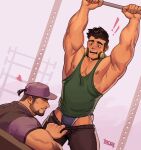  ! !! 2boys absurdres artist_name bara baseball_cap black_hair black_male_underwear black_pants black_shirt blush briefs clothes_pull green_tank_top hat headphones headphones_around_neck highres large_pectorals male_focus male_underwear multiple_boys muscular muscular_male open_mouth original pants pants_pull pectorals pulled_by_another shirt short_hair tank_top underwear whyhelbram yaoi 