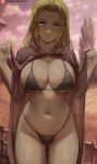  1girl bikini black_bikini blonde_hair blue_eyes blurry blurry_background breasts brown_cloak christa_renz cleavage cloak closed_mouth cowboy_shot fence highleg highleg_bikini highres large_breasts looking_at_viewer medium_hair navel open_cloak open_clothes outdoors patreon_username presenting shexyo shingeki_no_kyojin solo swimsuit tree wooden_fence 