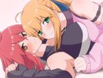  2girls ahoge armpits artoria_caster_(counter_stretch)_(fate) blonde_hair breasts drill_bulbul fate/grand_order fate_(series) fingerless_gloves fujimaru_ritsuka_(female)_(counter_stretch) gloves green_eyes looking_at_viewer lying_on_person multiple_girls red_hair 