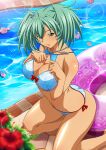  1girl ahoge aqua_hair bangs bare_arms bare_legs bikini blue_bikini breasts cleavage closed_mouth collarbone floral_print front-tie_bikini_top front-tie_top green_eyes hair_between_eyes ikkitousen innertube kneeling large_breasts lens_flare long_hair print_bikini ryofu_housen shiny shiny_hair shiny_skin side-tie_bikini_bottom sideboob smile solo sparkle swimsuit twintails 