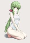  1girl absurdres bangs bare_arms bare_legs barefoot between_legs bow c.c. code_geass collarbone full_body green_hair grey_background hair_between_eyes hair_bow hand_between_legs highres kneeling leticia long_hair low_ponytail one-piece_swimsuit open_mouth red_bow school_swimsuit shiny shiny_hair simple_background solo swimsuit very_long_hair white_one-piece_swimsuit yellow_eyes 