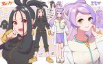  2girls bandage_on_leg bangs black_hair black_jacket breasts coat cross_scar dendra_(pokemon) earrings eyelashes fingerless_gloves flower_earrings full_body gloves green_eyes jacket jewelry labcoat light_purple_hair long_hair long_sleeves looking_at_viewer miriam_(pokemon) multicolored_hair multiple_girls multiple_views nm_ngi open_clothes open_coat open_mouth pants pokemon pokemon_(game) pokemon_sv purple_hair red_eyes sandals scar scar_on_face scar_on_forehead skirt smile stethoscope sweater track_jacket two-tone_hair white_coat yellow_footwear yellow_gloves yellow_nails 