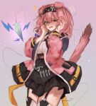  1girl absurdres animal_ears arknights bangs black_hairband black_jacket black_skirt blue_bow blue_jacket blush bow braid cat_ears cat_girl cat_tail cowboy_shot floppy_ears garter_straps goldenglow_(arknights) gradient gradient_background hair_bow hair_ornament hairband hairclip hands_on_own_face hands_up highres jacket kaguura_(kagu) lightning_bolt_print long_sleeves looking_at_viewer miniskirt multicolored_clothes multicolored_jacket open_clothes open_jacket open_mouth orange_eyes pink_hair pink_jacket pleated_skirt print_hairband purple_background shirt simple_background sketch skirt solo standing tail thighhighs white_shirt white_thighhighs 