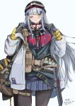  1girl absurdres ammunition_pouch artist_name bag dated girls&#039;_frontline girls&#039;_frontline_neural_cloud green_eyes grey_hair hand_up highres hk416_(girls&#039;_frontline) hood hoodie jacket knife knife_holster load_bearing_equipment long_hair mesuosushi_psd miniskirt pantyhose pleated_skirt pouch shoulder_bag skirt teardrop teardrop_facial_mark teardrop_tattoo white_jacket 