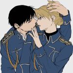  1boy 1girl amestris_military_uniform bangs black_hair blonde_hair breasts brown_eyes closed_eyes coat commentary earrings folded_ponytail fullmetal_alchemist hetero highres jewelry long_sleeves military military_uniform ozaki_(tsukiko3) riza_hawkeye roy_mustang short_hair solo uniform 