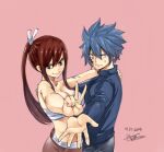  1boy 1girl artist_name bandaged_chest bare_shoulders blue_hair breasts brown_eyes couple dated erza_scarlet facial_mark fairy_tail hair_between_eyes hetero jellal_fernandes long_hair long_sleeves looking_at_viewer mashima_hiro outstretched_hand palms pink_background ponytail red_hair ribbon short_hair signature smile spiked_hair sweatdrop tattoo turtleneck white_ribbon 