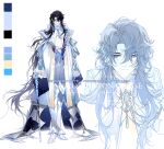  1boy angel black_hair blue_eyes blue_vest can cape chinese_commentary color_guide commentary_request earrings gem grey_pants gundongdejie holding holding_can jewelry long_hair long_sleeves looking_at_viewer lord_of_the_mysteries mr._door pants ring solo vest watermark web_address white_cape white_footwear 