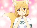  1girl animal_ear_fluff animal_ears bangs blonde_hair brown_eyes commentary_request fox_ears fox_girl fox_tail hair_between_eyes hands_up highres kudamaki_tsukasa looking_at_viewer open_mouth parted_bangs romper shirosato short_eyebrows short_hair solo tail touhou upper_body v-shaped_eyebrows 