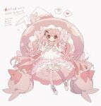  1girl alternate_color apron bow hat hattrem hibi89 large_hat long_hair long_sleeves looking_at_viewer oversized_clothes personification pink_bow pink_eyes pink_footwear pink_hair pink_theme pink_thighhighs pokemon shiny_pokemon shoes solo thighhighs very_long_hair white_apron witch_hat 