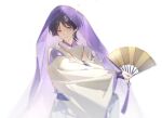  1boy bangs genshin_impact hand_fan holding holding_fan japanese_clothes kariginu litoufulawo long_sleeves looking_at_viewer male_focus purple_eyes purple_hair scaramouche_(genshin_impact) scaramouche_(kabukimono)_(genshin_impact) simple_background smile solo veil white_background wide_sleeves 