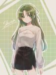  1girl arms_at_sides bangs black_skirt breasts cleavage_cutout clothing_cutout green_background green_eyes green_hair highres higurashi_no_naku_koro_ni holding holding_hair light_blush long_hair long_sleeves looking_at_viewer medium_breasts morisata patterned_background pencil_skirt ribbed_sweater skirt solo sonozaki_shion sweater sweater_tucked_in turtleneck turtleneck_sweater upper_body white_background white_sweater 